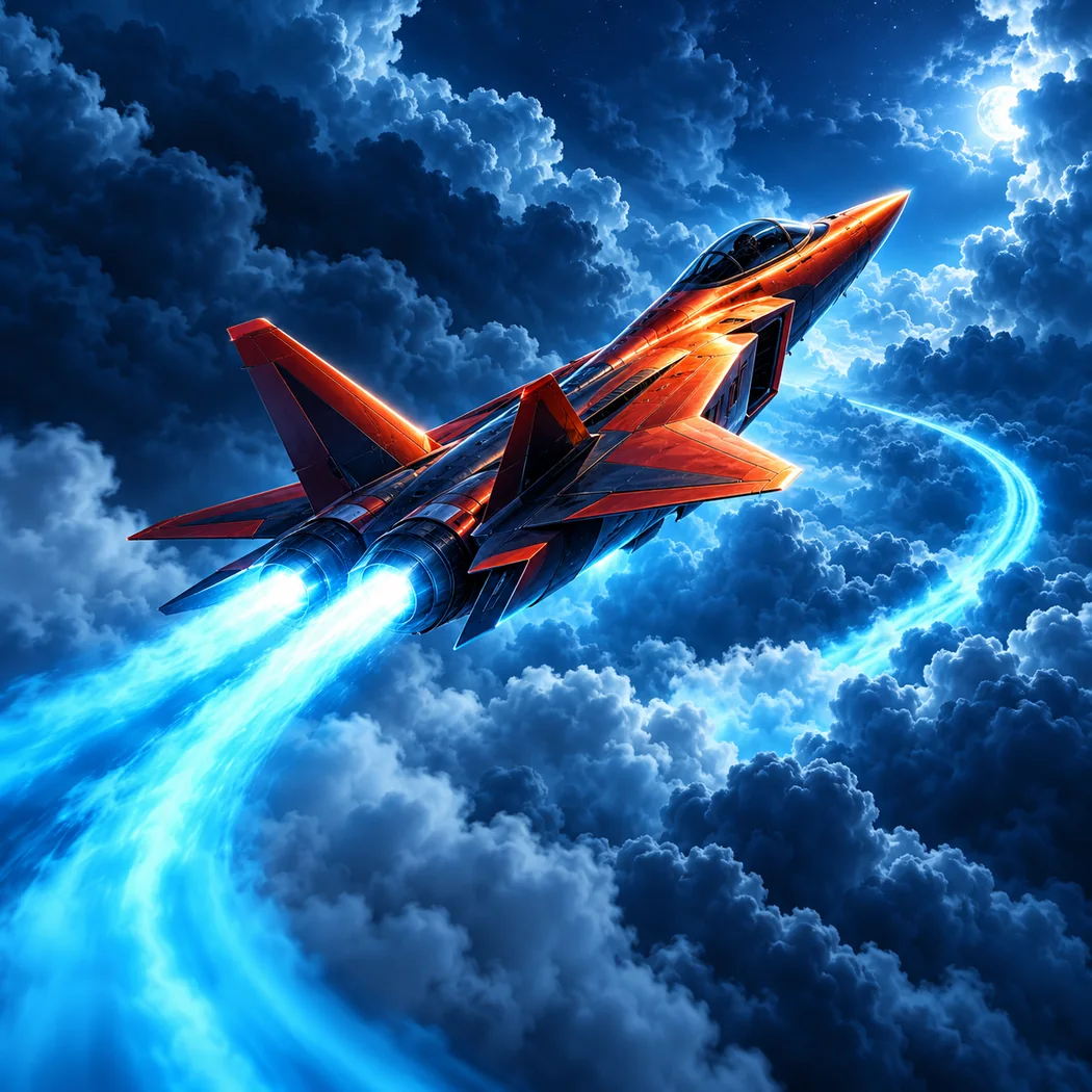 Jet rouge et orange en montée au-dessus des nuages, illustration du thème aérien de JetX