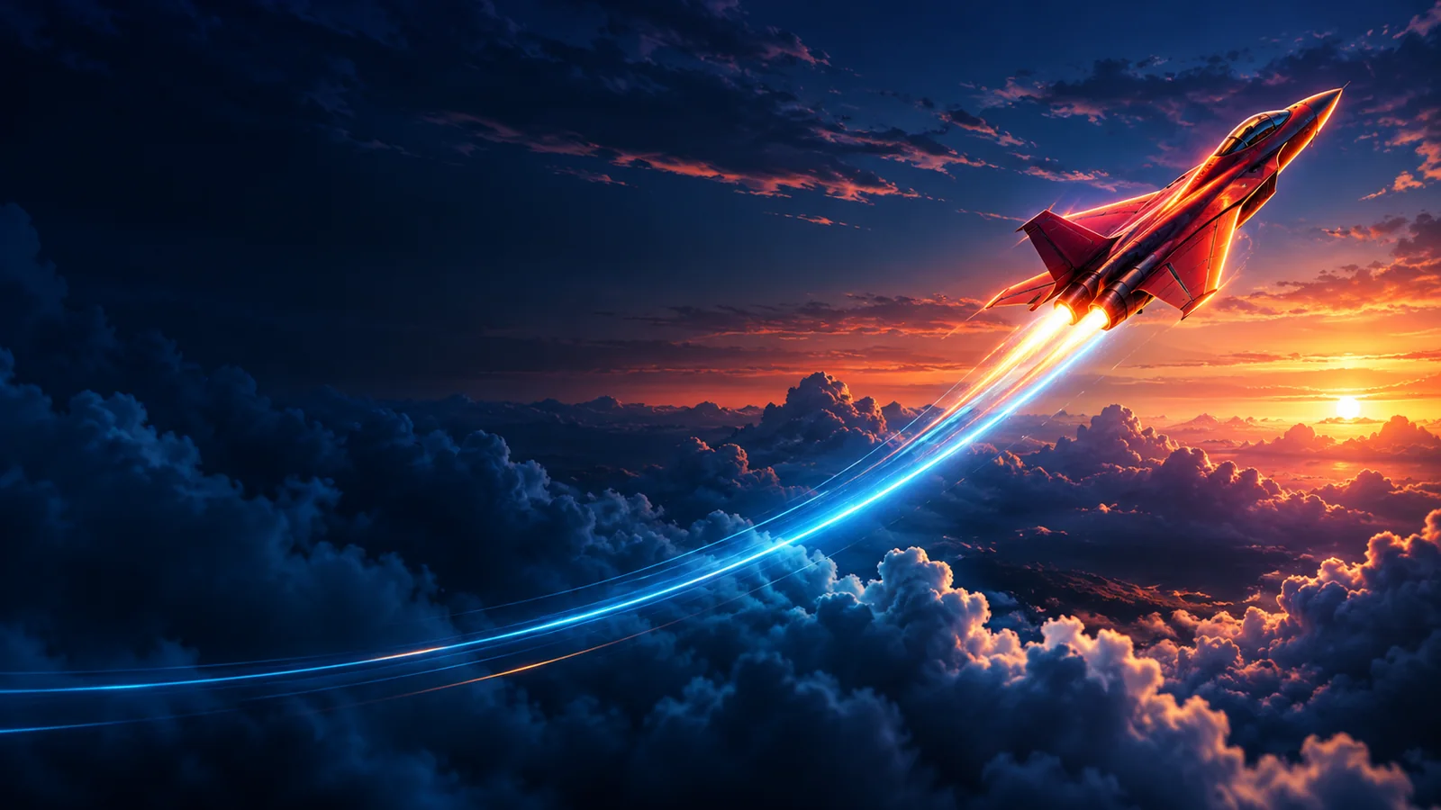 Illustration éditoriale d’un avion rouge qui traverse les nuages au-dessus d’un horizon lumineux